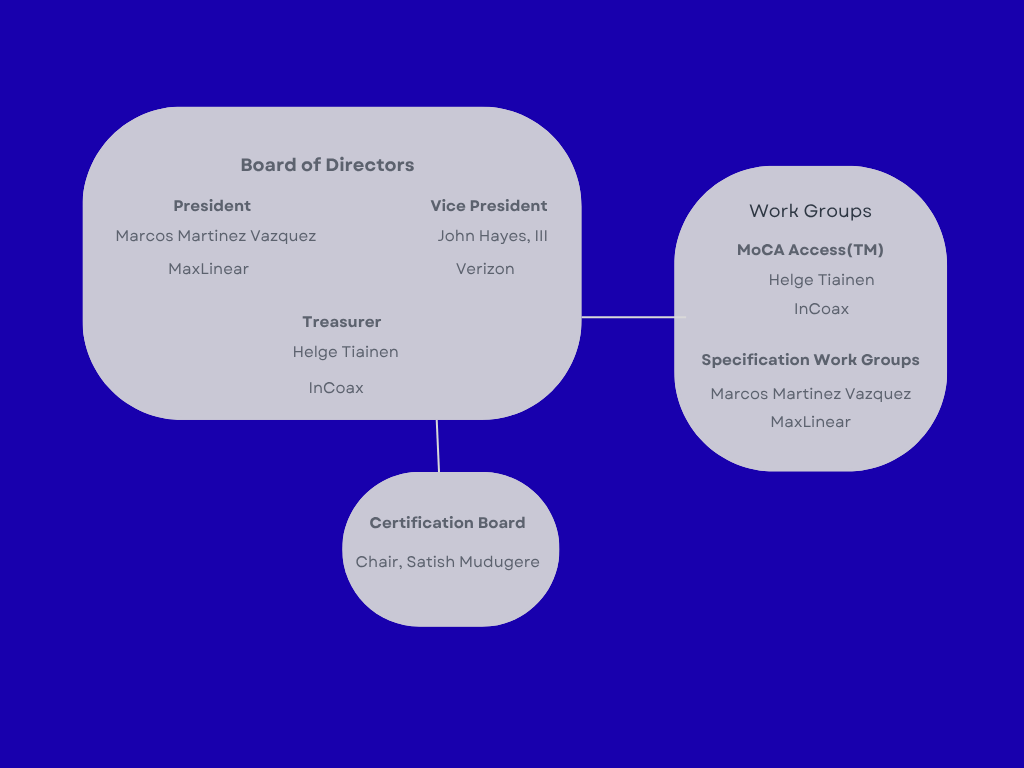 Organizational chart showing Board of Directors with President, Vice President, and Treasurer, connected to Work Groups and Certification Board on a blue background.